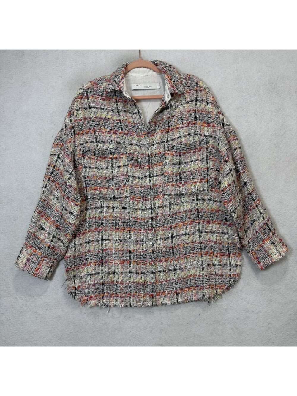 IRO Jacket Womens 38 Multicolor Tweed Plaid Button Front Collared Fringe Short